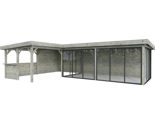 Pavillon en bois avec façade en verre et comptoir de bar