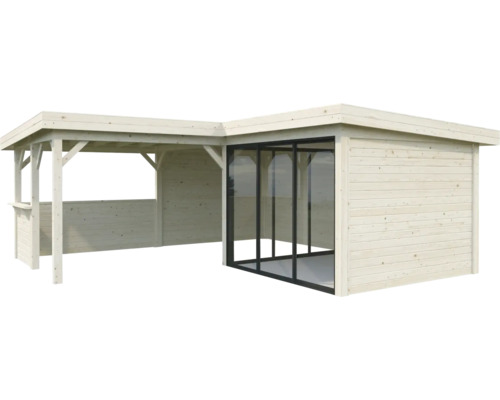 Abri de jardin en bois avec espace pavillon ouvert et serre fermée