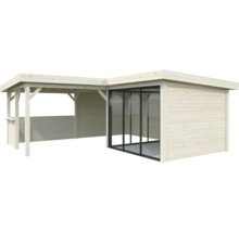 Abri de jardin avec annexe, bois et fenêtres