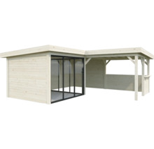 Abri de jardin en bois avec façade en verre et terrasse couverte