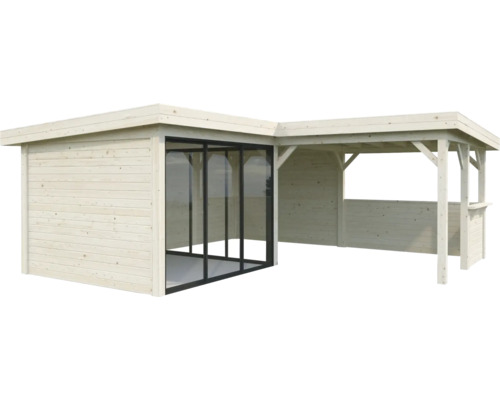 Abri de jardin en bois avec façade en verre et terrasse couverte