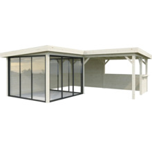 Maison de jardin en bois avec portes coulissantes en verre et auvent