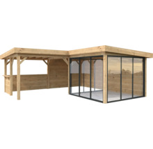 Abri de jardin en bois avec portes coulissantes en verre et annexe latérale