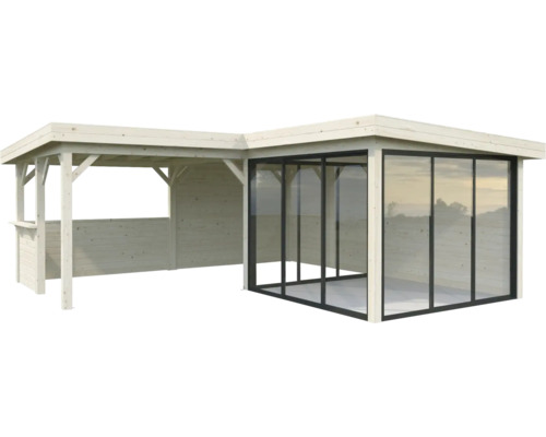 Abri de jardin en bois avec parois en verre et annexe ouverte