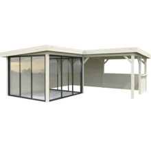 Pavillon de jardin en bois avec façade en verre et annexe ouverte