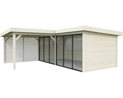 Abri de jardin en bois avec portes coulissantes et paroi à lamelles