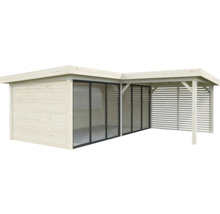 Abri de jardin en bois avec portes coulissantes en verre et pavillon intégré