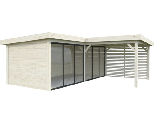 Abri de jardin en bois avec portes coulissantes en verre et pavillon intégré