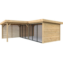 Abri de jardin en bois avec portes coulissantes en verre et paroi à lamelles