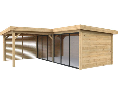 Abri de jardin en bois avec portes coulissantes en verre et paroi à lamelles