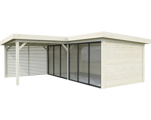 Abri de jardin avec portes coulissantes et terrasse couverte en bois