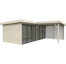 Abri de jardin en bois avec fenêtres et annexe latérale