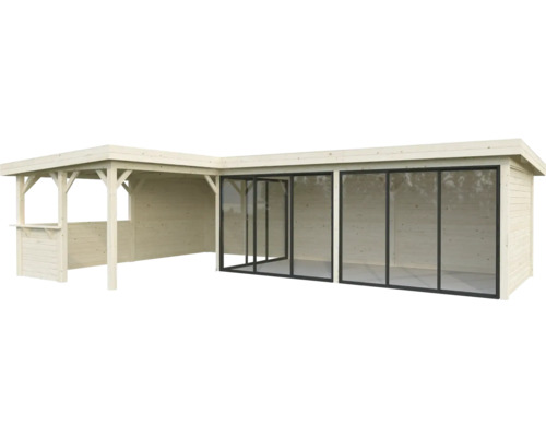 Abri de jardin en bois avec portes coulissantes en verre et espace couvert