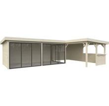 Maison de jardin en bois avec portes coulissantes en verre et annexe