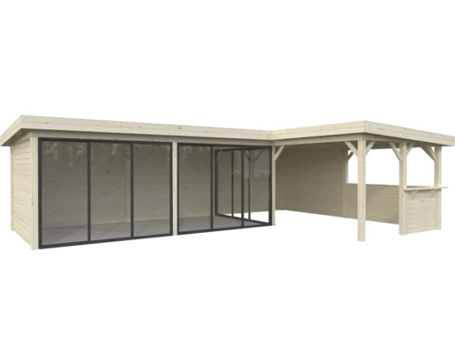 Maison de jardin en bois avec portes coulissantes en verre et annexe