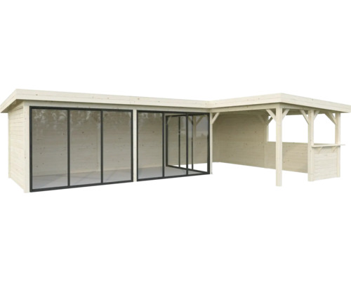 Abri de jardin en bois avec façade en verre et bar