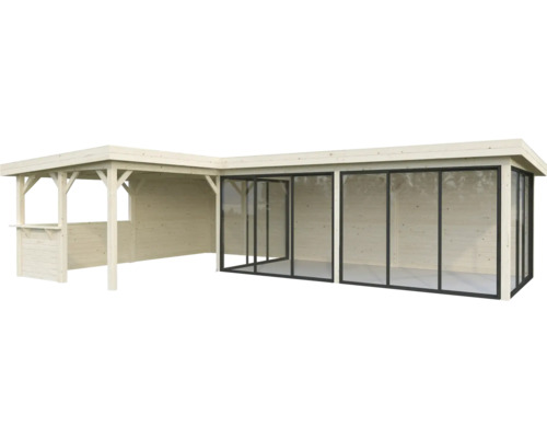 Abri de jardin en bois avec portes coulissantes en verre et espace couvert