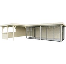 Pavillon de jardin en bois avec portes coulissantes en verre et comptoir de bar