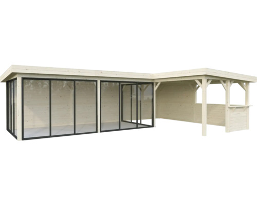 Abri de jardin en bois avec façade en verre et espace couvert