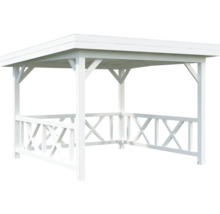 Pavillon de jardin blanc avec balustrade en bois