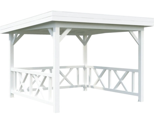 Pavillon de jardin blanc avec balustrade en bois