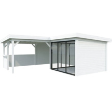 Abri de jardin en bois avec portes coulissantes en verre et extension