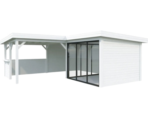 Abri de jardin en bois avec portes coulissantes en verre et extension