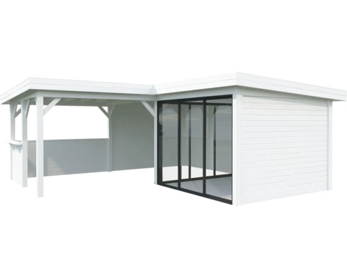 Pavillon de jardin blanc avec façade en verre et extension ouverte