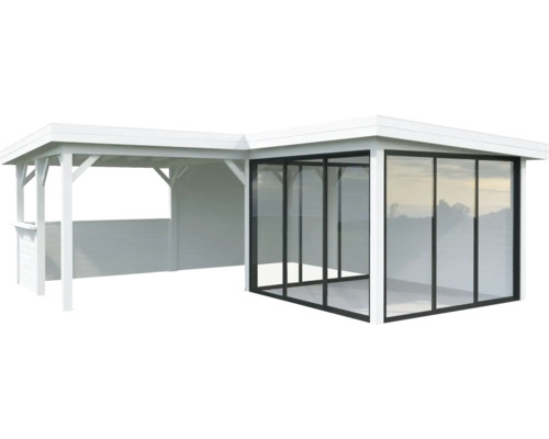 Abri de jardin avec vitrage et terrasse couverte