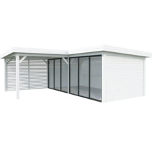 Abri de jardin avec portes coulissantes et coin salon couvert