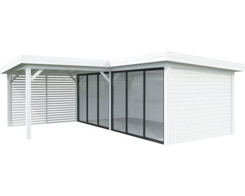 Abri de jardin avec portes coulissantes et coin salon couvert