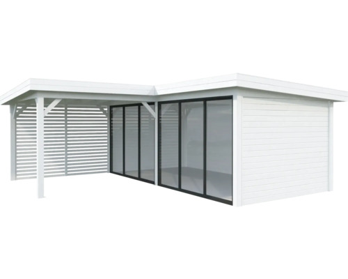 Pavillon de jardin en bois blanc avec portes coulissantes en verre et paroi à lamelles.