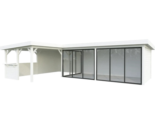 Abri de jardin avec véranda et portes coulissantes en verre