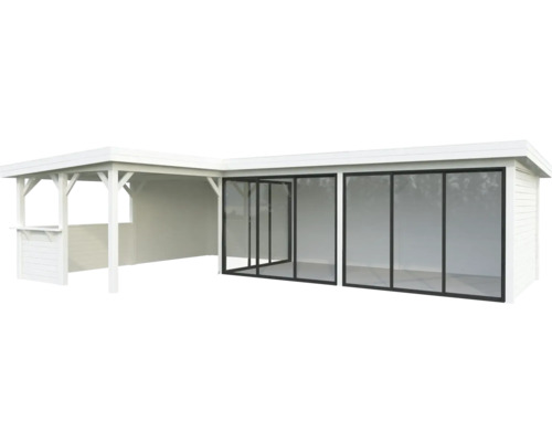 Abri de jardin avec portes coulissantes en verre et coin salon couvert