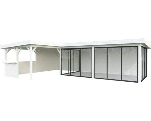 Abri de jardin avec portes coulissantes et extension