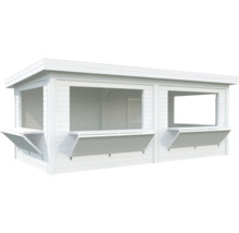 Stand de vente en bois blanc avec deux fenêtres de distribution