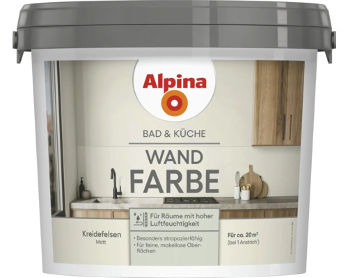 Seau de peinture murale Alpina pour salle de bain et cuisine, coloris craie, aspect mat
