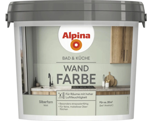 Seau de peinture murale Alpina pour salle de bain et cuisine, couleur fougère argentée, finition mate, convient aux pièces à forte humidité, portée d'environ 20 mètres carrés
