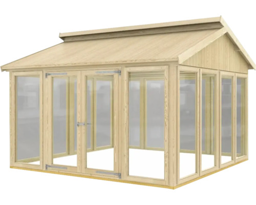 Gewächshaus aus Holz mit Glasfenstern und Doppeltür