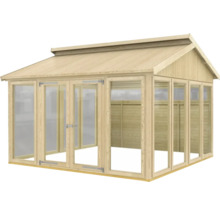 Holzgartenhaus mit Fenstern und Doppeltür