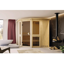 Sauna intérieure moderne en bois avec porte en verre et fenêtre dans une salle de bain lumineuse.