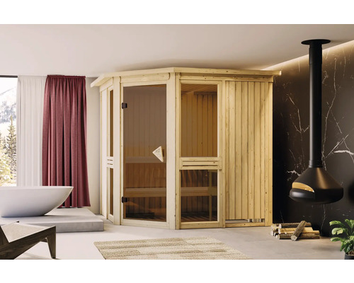 Sauna intérieure moderne en bois avec porte en verre et fenêtre dans une salle de bain lumineuse.