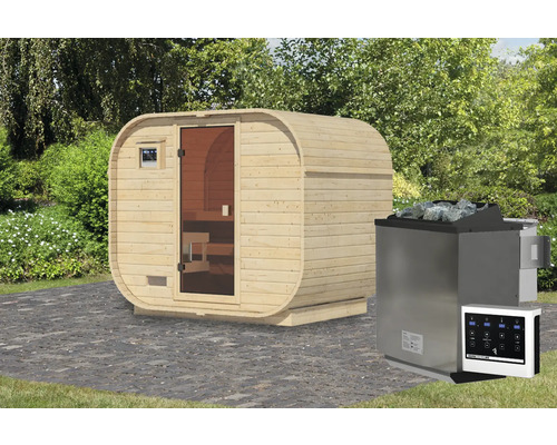 Sauna tonneau en bois avec poêle de sauna et commande