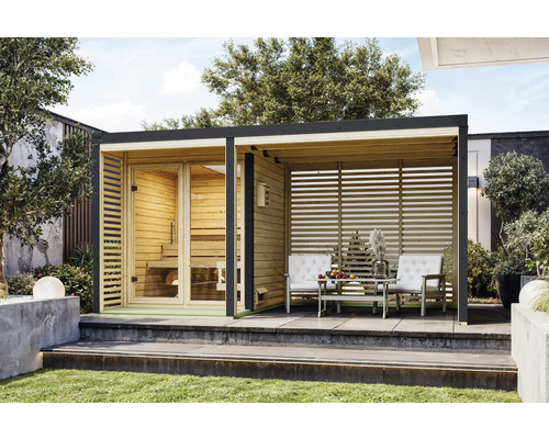 Sauna de jardin avec coin salon sur la terrasse