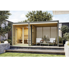Sauna extérieure et coin salon couvert dans le jardin