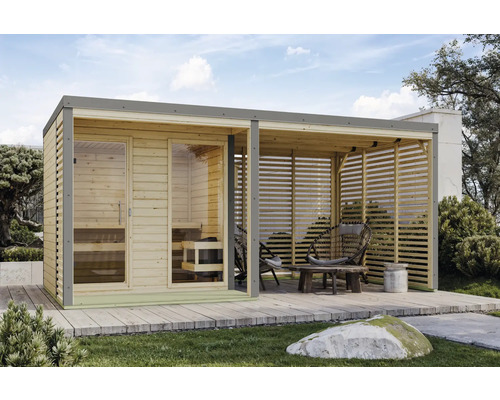 Vue extérieure d''un sauna de jardin avec espace de repos et terrasse en bois