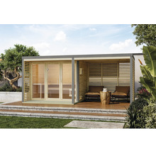 Maison de jardin en bois avec sauna et espace de détente extérieur