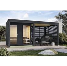 Abri de jardin avec sauna et terrasse couverte sur une terrasse en bois