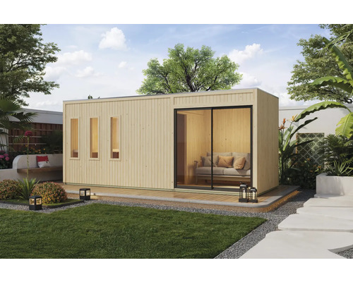 Saunahaus Aussensauna Karibu Lonterey ohne Ofen mit Ganzglastüre aus Klarglas Modernes Gartenhaus mit Schiebetür und Fenstern im Garten