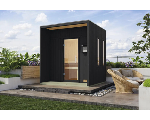 Chalet sauna Karibu Larcadia y compris poêle 9 kW et commande externe avec porte entièrement vitrée en verre transparent noir Sauna de jardin sombre avec éléments en verre et sièges à l''extérieur